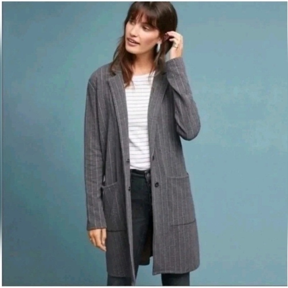 Harlyn Pinstripe Blazer Coat Women XS Gray Longline Knit Jacket